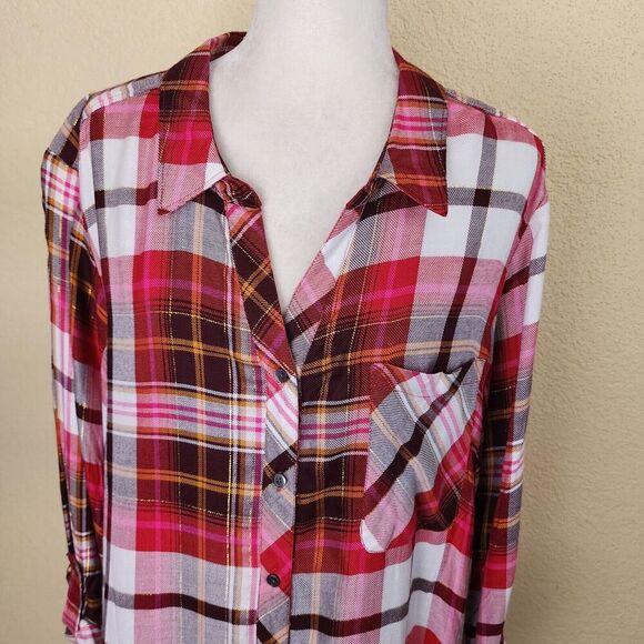 Intro. NWT Plaid Shirt Womens 3X Pink Black Rayon Flannel Button Up Tunic Top - Picture 6 of 10
